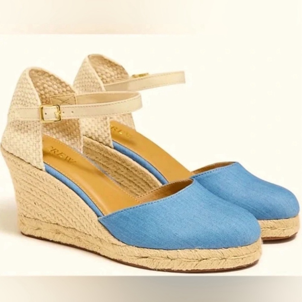 J. Crew Blue & Tan Chambray Ankle Strap Espadrille Wedge Sandals Women’s 8